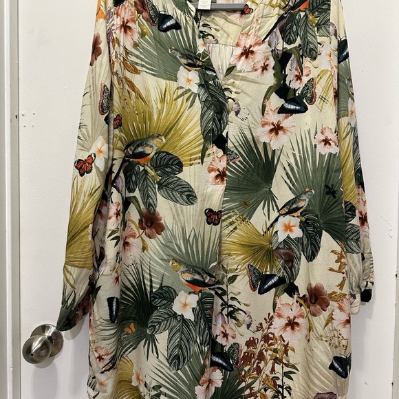 H&M Tropical Print Mini Dress Tunic with Mandarin Collar Sz 10 - Picture 2 of 7